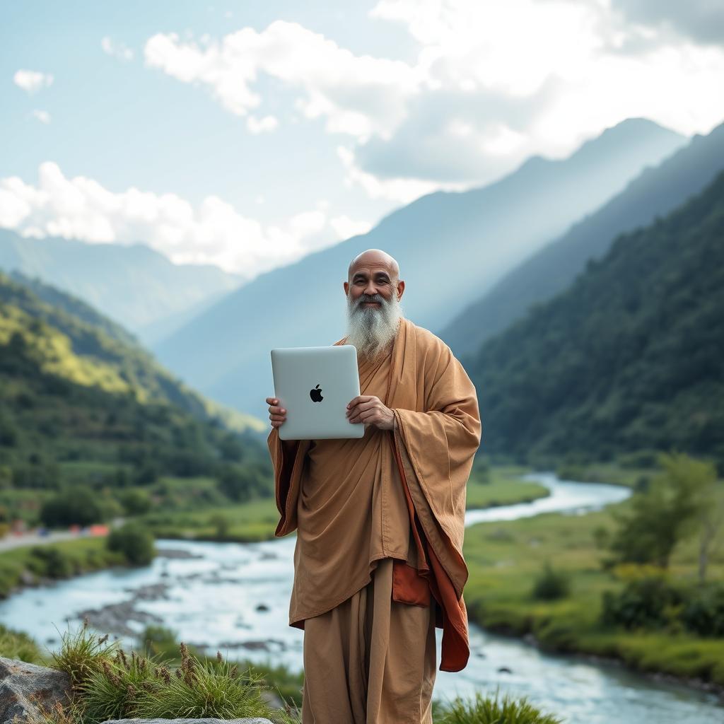 A serene and majestic scene of a wise guru holding an Apple notebook, standing confidently in the midst of medium-sized mountains and a gently flowing river