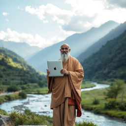 A serene and majestic scene of a wise guru holding an Apple notebook, standing confidently in the midst of medium-sized mountains and a gently flowing river