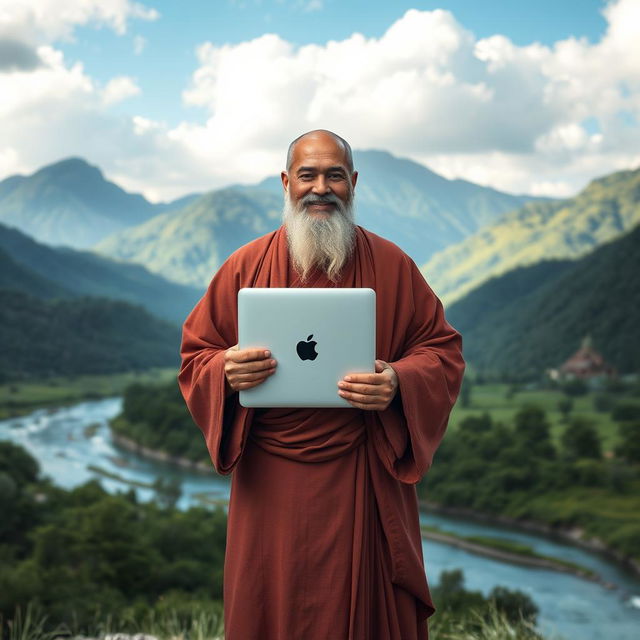 A serene and majestic scene of a wise guru holding an Apple notebook, standing confidently in the midst of medium-sized mountains and a gently flowing river