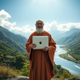 A serene and majestic scene of a wise guru holding an Apple notebook, standing confidently in the midst of medium-sized mountains and a gently flowing river