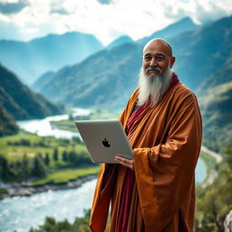 A serene and majestic scene of a wise guru holding an Apple notebook, standing confidently in the midst of medium-sized mountains and a gently flowing river