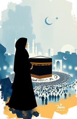 An A5 book cover featuring a silhouette of an Indonesian couple, with the female figure wearing an abaya, encircling the Kaaba