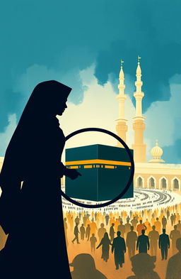 An A5 book cover featuring a silhouette of an Indonesian couple, with the female figure wearing an abaya, encircling the Kaaba