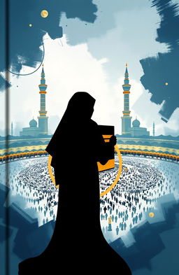 An A5 book cover featuring a silhouette of an Indonesian couple, with the female figure wearing an abaya, encircling the Kaaba