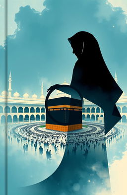 An A5 book cover featuring a silhouette of an Indonesian couple, with the female figure wearing an abaya, encircling the Kaaba