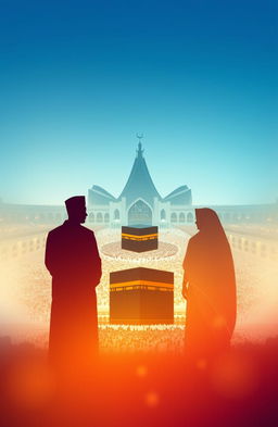 A beautifully designed A5 book cover featuring a silhouette of an Indonesian man in ihram attire, standing alongside his wife in an abaya, and his parents also dressed in traditional garments