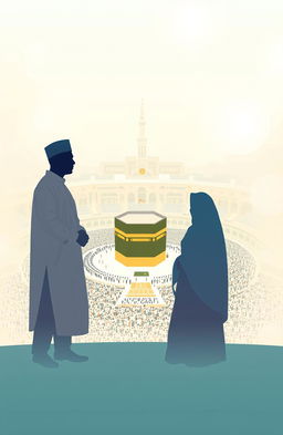 A beautifully designed A5 book cover featuring a silhouette of an Indonesian man in ihram attire, standing alongside his wife in an abaya, and his parents also dressed in traditional garments