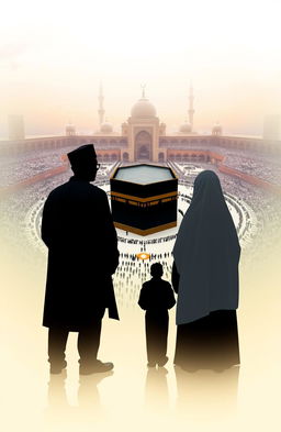 A beautifully designed A5 book cover featuring a silhouette of an Indonesian man in ihram attire, standing alongside his wife in an abaya, and his parents also dressed in traditional garments