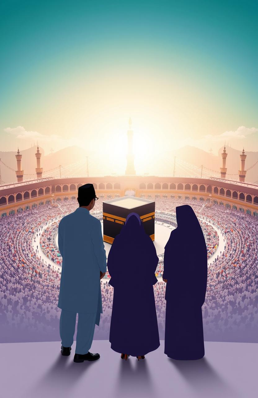 A beautifully designed A5 book cover featuring a silhouette of an Indonesian man in ihram attire, standing alongside his wife in an abaya, and his parents also dressed in traditional garments