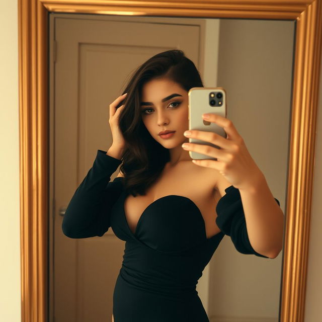 A young woman taking a selfie in front of a mirror, posing confidently with an artistic flair