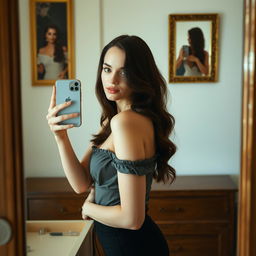 A young woman taking a selfie in front of a mirror, posing confidently with an artistic flair