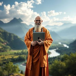 A serene and majestic scene of a wise guru holding an Apple notebook and headphones, standing confidently in the midst of medium-sized mountains and a gently flowing river