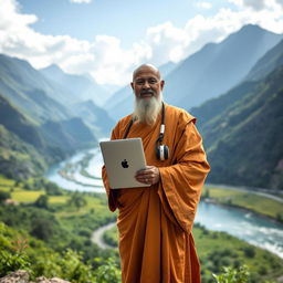 A serene and majestic scene of a wise guru holding an Apple notebook and headphones, standing confidently in the midst of medium-sized mountains and a gently flowing river