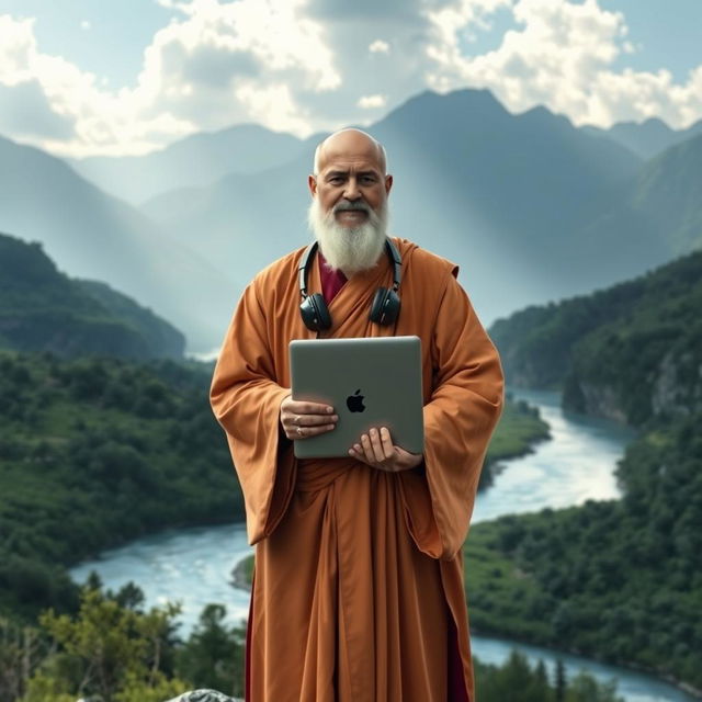 A serene and majestic scene of a wise guru holding an Apple notebook and headphones, standing confidently in the midst of medium-sized mountains and a gently flowing river