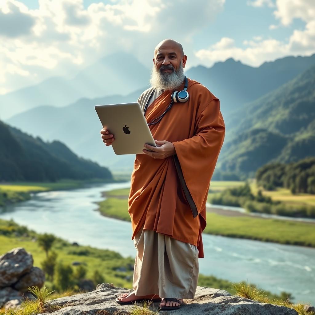 A serene and majestic scene of a wise guru holding an Apple notebook and headphones, standing confidently in the midst of medium-sized mountains and a gently flowing river