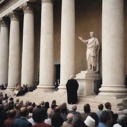 Amidst the Roman cityscape, under tall marble columns, the elder scholar begins to preach. His words echo through the grand Roman architecture, reaching the attentive ears of the sizable crowd that has gathered to listen.