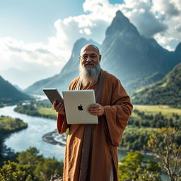 A serene and majestic scene of a wise guru holding an Apple notebook in one hand and a Sony camera in the other, standing confidently amidst medium-sized mountains and a gently flowing river