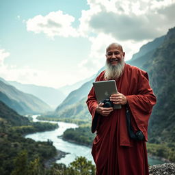 A serene and majestic scene of a wise guru holding an Apple notebook in one hand and a Sony camera in the other, standing confidently amidst medium-sized mountains and a gently flowing river