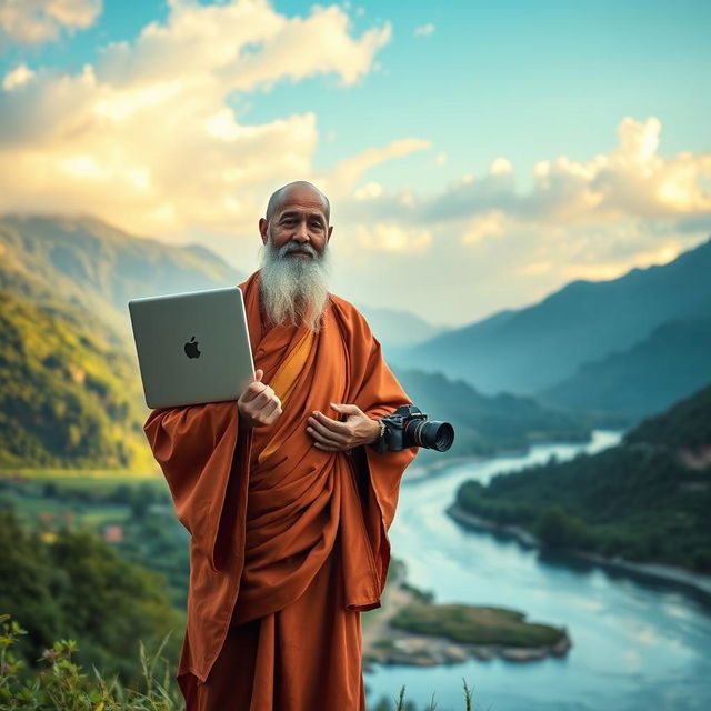 A serene and majestic scene of a wise guru holding an Apple notebook in one hand and a Sony camera in the other, standing confidently amidst medium-sized mountains and a gently flowing river