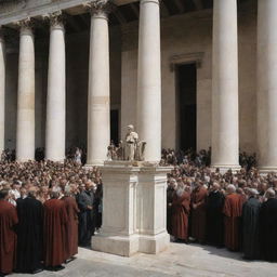 Amidst the Roman cityscape, under tall marble columns, the elder scholar begins to preach. His words echo through the grand Roman architecture, reaching the attentive ears of the sizable crowd that has gathered to listen.