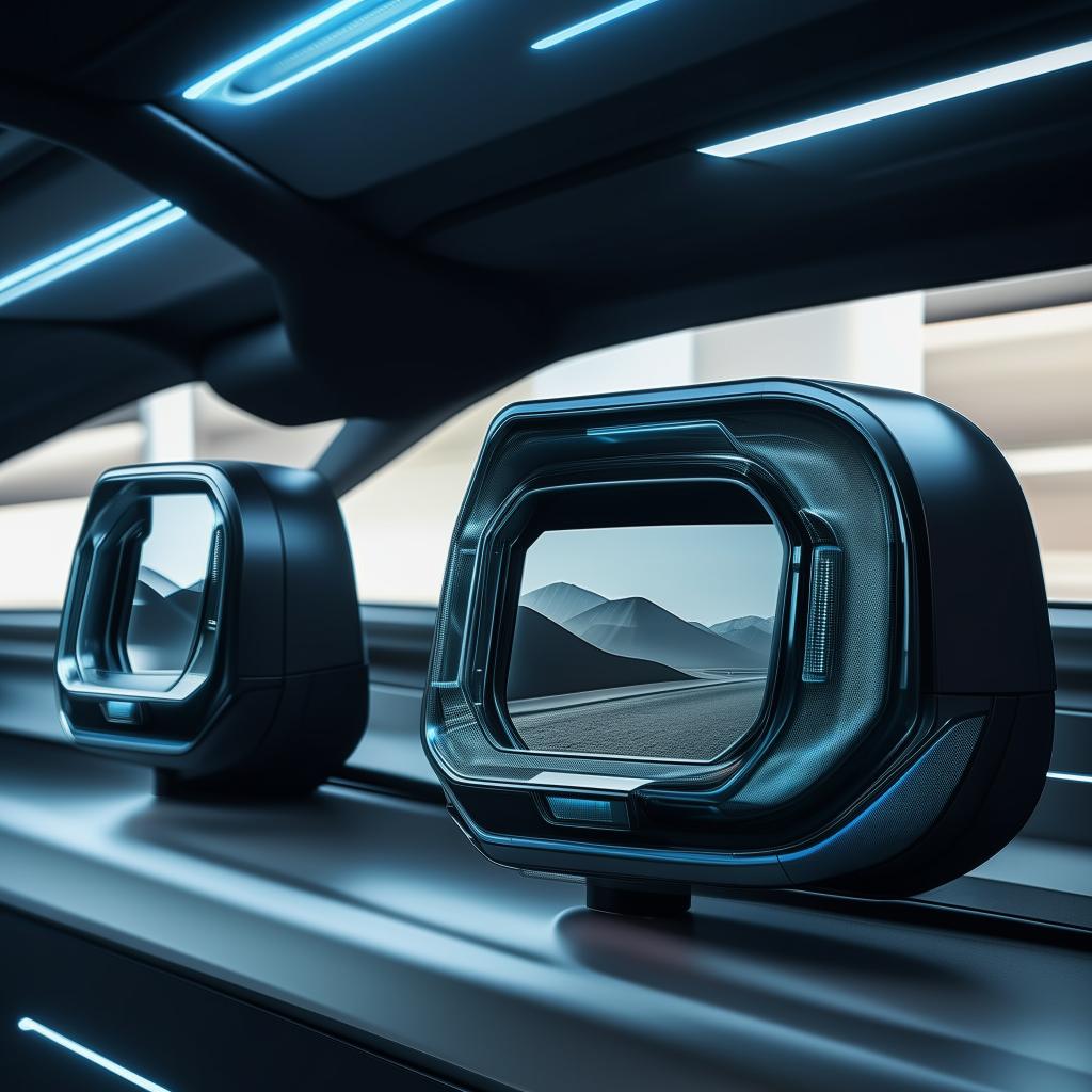 Futuristic rearview mirrors of a state-of-the-art van, characterized by innovative design and advanced tech functionality.