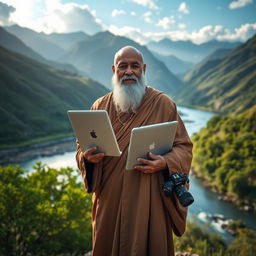 A serene and majestic scene of a wise guru holding an Apple notebook in one hand and a Sony camera in the other, standing confidently amidst medium-sized mountains and a gently flowing river