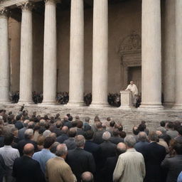 Amidst the Roman cityscape, under tall marble columns, the elder scholar begins to preach. His words echo through the grand Roman architecture, reaching the attentive ears of the sizable crowd that has gathered to listen.