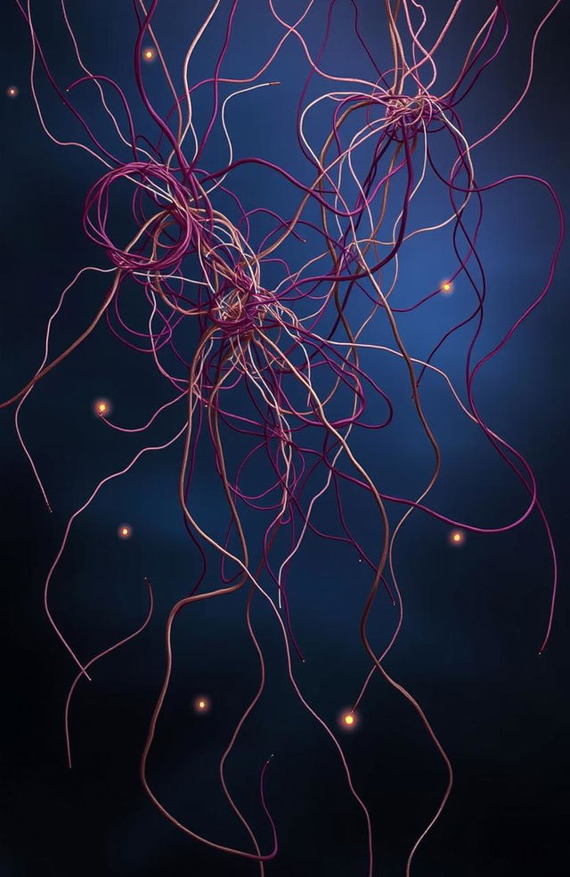 An abstract representation of lost strings, featuring a chaotic scene with tangled threads and strings in various colors, intertwining and breaking apart