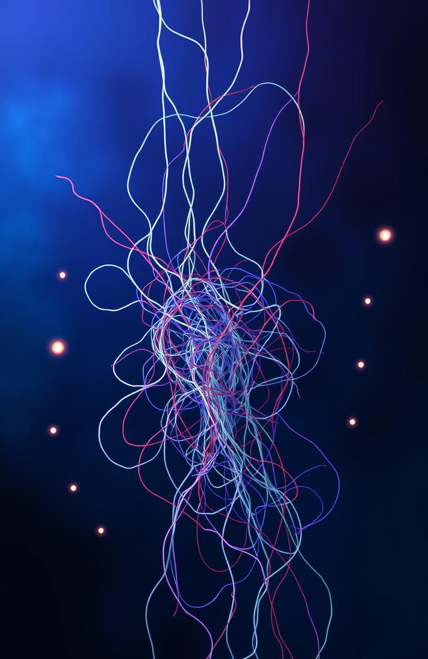 An abstract representation of lost strings, featuring a chaotic scene with tangled threads and strings in various colors, intertwining and breaking apart