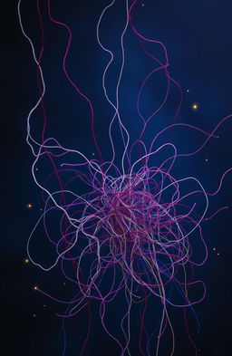 An abstract representation of lost strings, featuring a chaotic scene with tangled threads and strings in various colors, intertwining and breaking apart