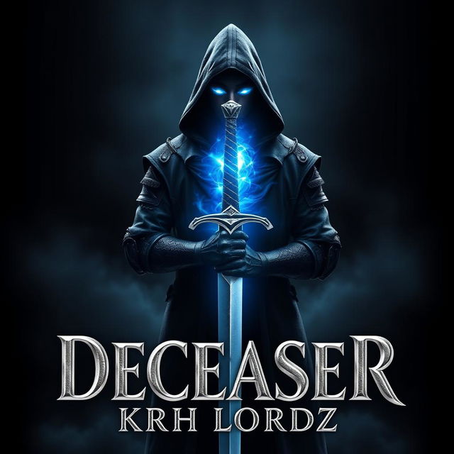 Book cover for 'DECEASER': The design features a hooded knight standing confidently facing east in a dark, mystical world