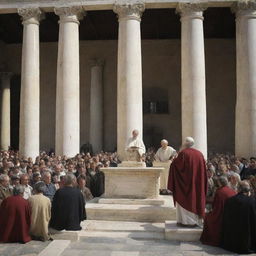 Amidst the Roman cityscape, under tall marble columns, the elder scholar begins to preach. His words echo through the grand Roman architecture, reaching the attentive ears of the sizable crowd that has gathered to listen.