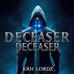 Book cover for 'DECEASER': The design features a hooded knight standing confidently facing east in a dark, mystical world