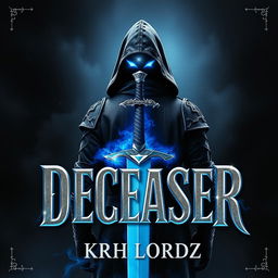 Book cover for 'DECEASER': The design features a hooded knight standing confidently facing east in a dark, mystical world