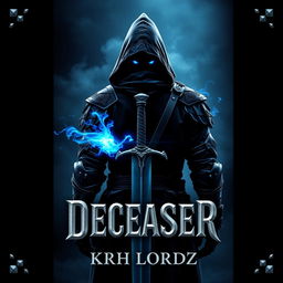 Book cover for 'DECEASER': The design features a hooded knight standing confidently facing east in a dark, mystical world