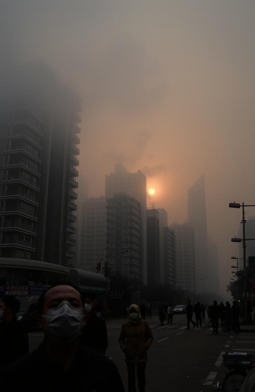 A cityscape enveloped in thick air pollution, with dark, smog-filled skies casting a greyish hue over the modern buildings