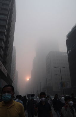 A cityscape enveloped in thick air pollution, with dark, smog-filled skies casting a greyish hue over the modern buildings