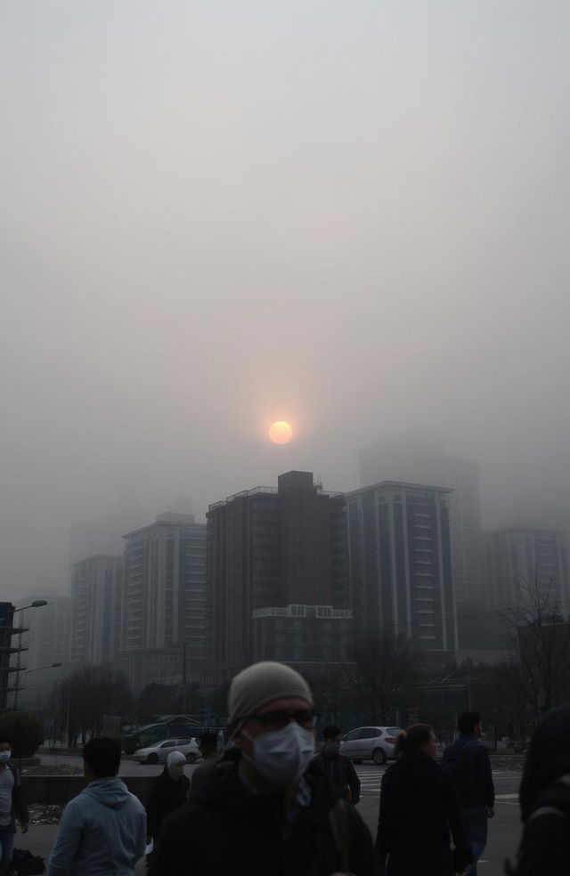 A cityscape enveloped in thick air pollution, with dark, smog-filled skies casting a greyish hue over the modern buildings