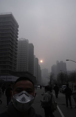 A cityscape enveloped in thick air pollution, with dark, smog-filled skies casting a greyish hue over the modern buildings