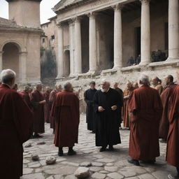 In a moment of intense agitation, people in Rome start hurling stones at the elder scholar. The once peaceful scene turns hostile, the air is brimming with tension as the scholar stands bravely under the onslaught.