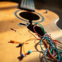 A close-up image of a broken guitar with lost strings scattered around
