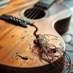 A close-up image of a broken guitar with lost strings scattered around