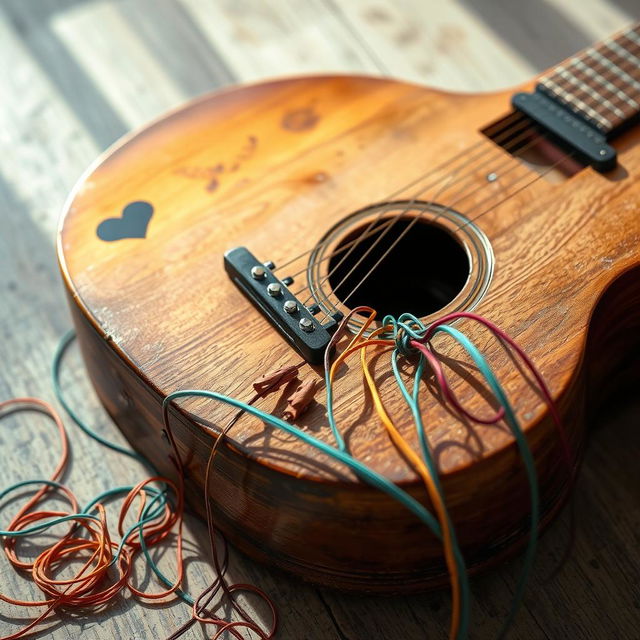 A close-up image of a broken guitar with lost strings scattered around