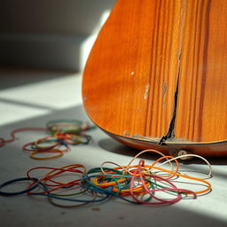 A close-up image of a broken guitar with lost strings scattered around
