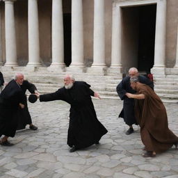 In a moment of intense agitation, people in Rome start hurling stones at the elder scholar. The once peaceful scene turns hostile, the air is brimming with tension as the scholar stands bravely under the onslaught.