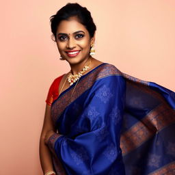 A stunning portrait of a dusky Indian lady gracefully draped in a traditional saree, showcasing intricate patterns and vibrant colors