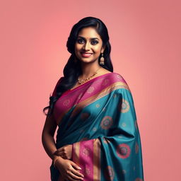 A stunning portrait of a dusky Indian lady gracefully draped in a traditional saree, showcasing intricate patterns and vibrant colors