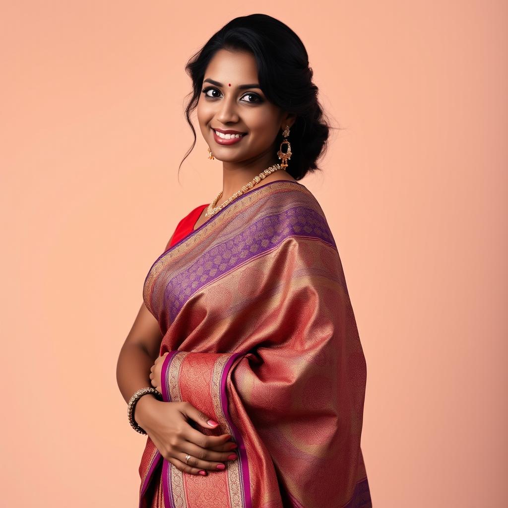 A stunning portrait of a dusky Indian lady gracefully draped in a traditional saree, showcasing intricate patterns and vibrant colors