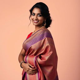 A stunning portrait of a dusky Indian lady gracefully draped in a traditional saree, showcasing intricate patterns and vibrant colors