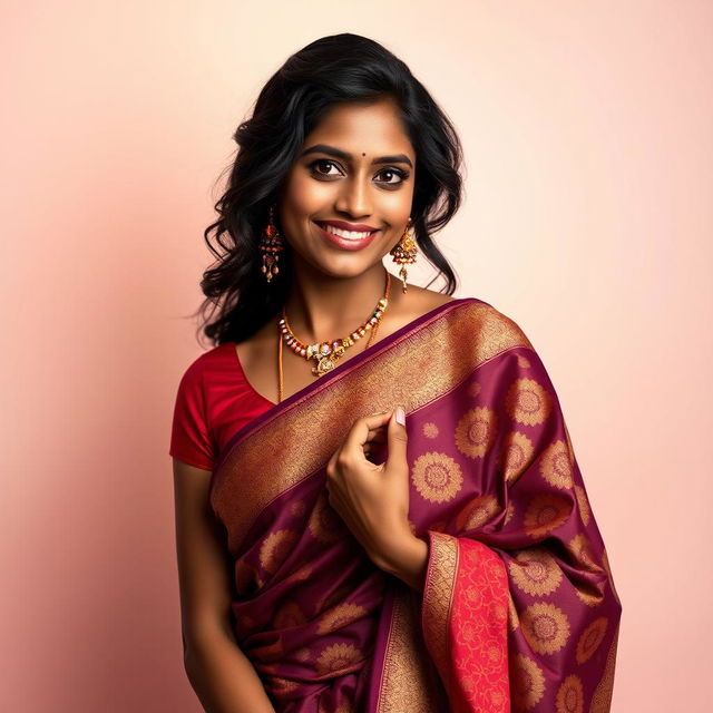 A stunning portrait of a dusky Indian lady gracefully draped in a traditional saree, showcasing intricate patterns and vibrant colors